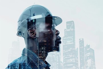 Double exposure of African American workers and city architecture.