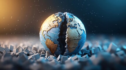 A digitally created globe showing a split earth, symbolizing division and change in a modern, abstract style.