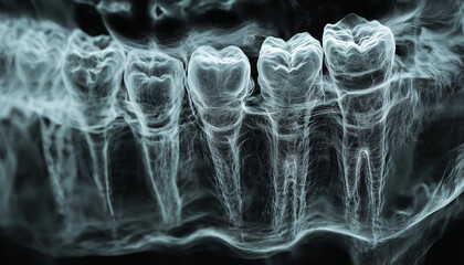 MRI scan of teeth in progress. Detailed layers of bone structure, tooth roots and soft gum tissue can be seen