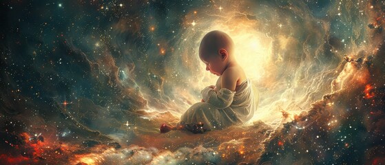 Fototapeta premium Digital art of a fetus floating in a cosmic space symbolizing life. Free copy space for banner.