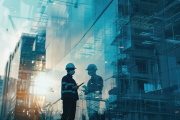 Engineers in Side Building Construction. double exposure