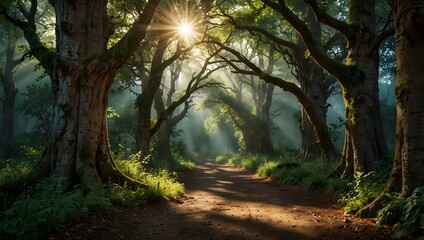 Enchanted forest path winding through ancient trees, dappled sunlight filtering through.