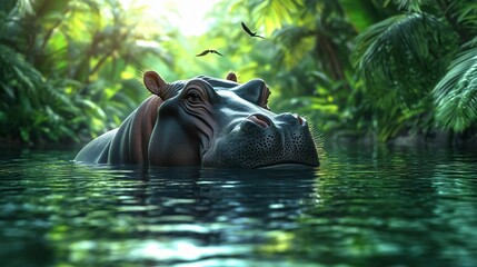 A majestic hippopotamus emerging from serene waters, surrounded by lush greenery in a tranquil jungle setting.