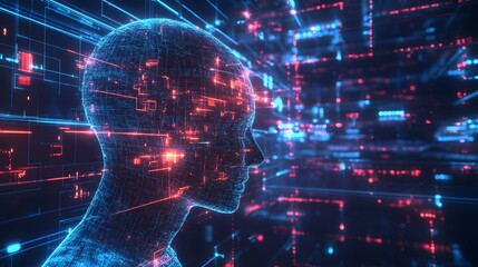 Digital Human Head Constructed of Lines and Light in Cyberspace