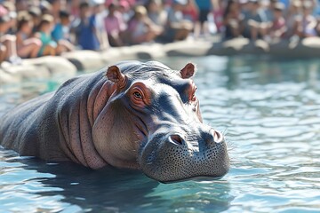 Fototapeta premium A majestic hippopotamus swimming in clear water, captivating a crowd of visitors at a zoo, showcasing its impressive size and features.