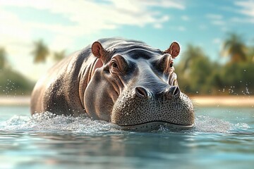 Fototapeta premium A majestic hippopotamus swimming in clear water, surrounded by lush greenery and a bright sky, showcasing its natural beauty.