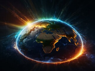 Energy streaks enveloping a glowing Earth in mesmerizing digital art.