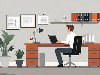 A simple office scene with a businessperson working at a laptop.


