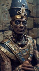Egyptian pharaoh wearing gold headdress and jewelry posing