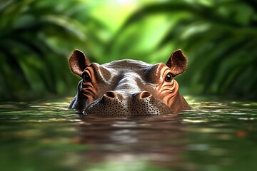 Fototapeta premium A serene river scene featuring a hippo partially submerged, surrounded by lush greenery and peaceful water reflections.