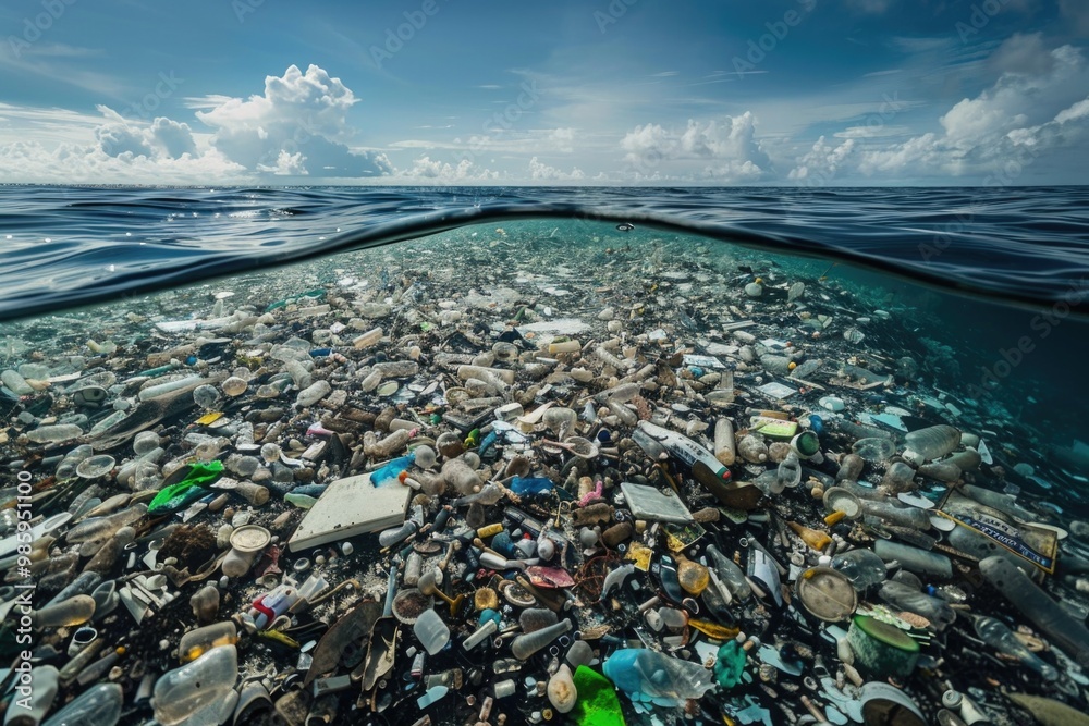 Poster a massive amount of waste and debris floating on the surface of the ocean