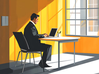 Businessman sitting at a clean desk, working on a laptop.


