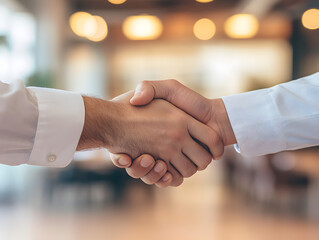 Businessman shaking hands with a colleague in a simple office setting.


