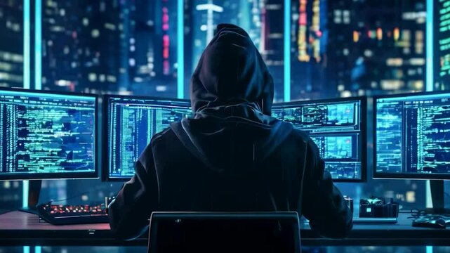 Hooded Hacker Working at Computer with Multiple Screens in a City at Night