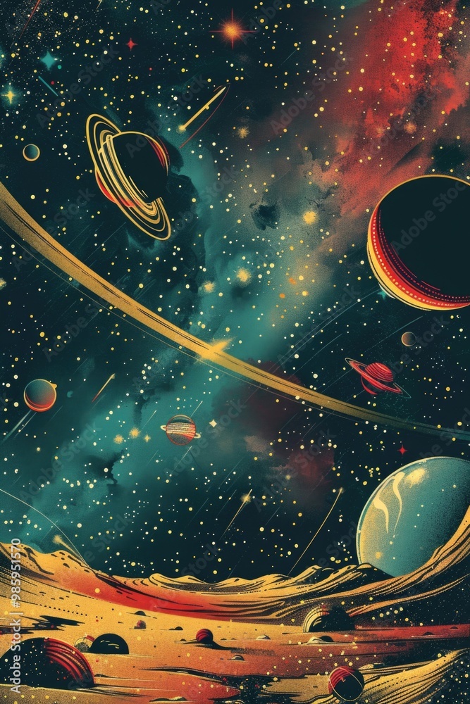 Poster a collection of planets in a distant space scene