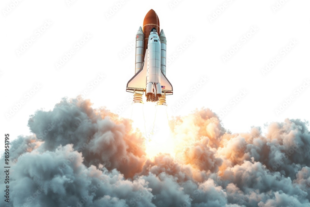 Poster a space shuttle lifts off from its launchpad and soars into the sky
