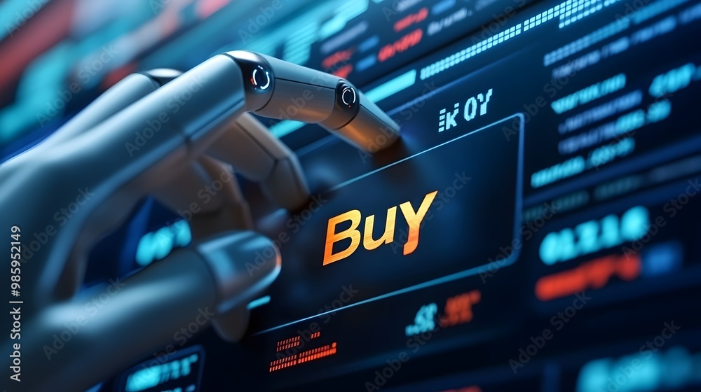 Poster a robot hand pressing a digital trading interface button representing the automation and ai driven e