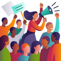 Vibrant, stylized illustration depicting a diverse group of people in a protest, political meeting, parade or rally in modern and abstract style, with smooth lines and bold colors.