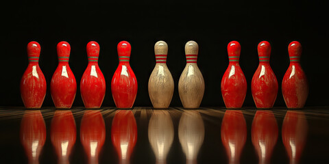 Striking Competition: A Row of Bowling Pins Await the Next Victory