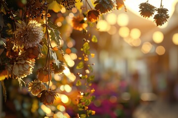 Fresh flowers suspended from a tree branch