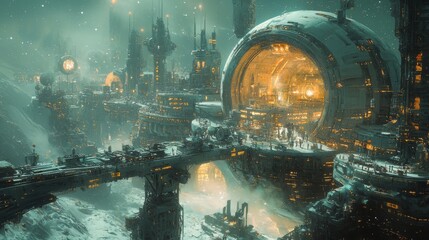 Naklejka premium Futuristic Cityscape in a Snowy Environment