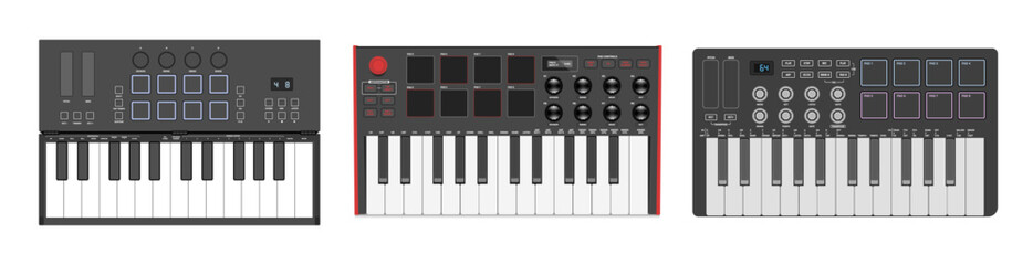 Small synthesizers set, MIDI controller. Two octaves keyboard, drum pads and knobs. Electronic music instrument. © Kostiantyn