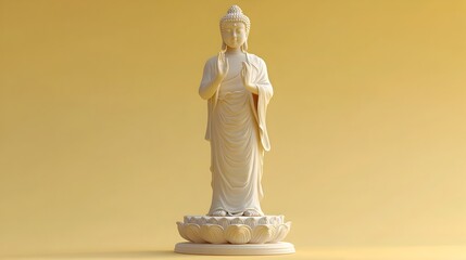 A serene 3D rendered standing Buddha statue with a blessing hand gesture against a minimalist yellow background  The iconic figure represents peace enlightenment