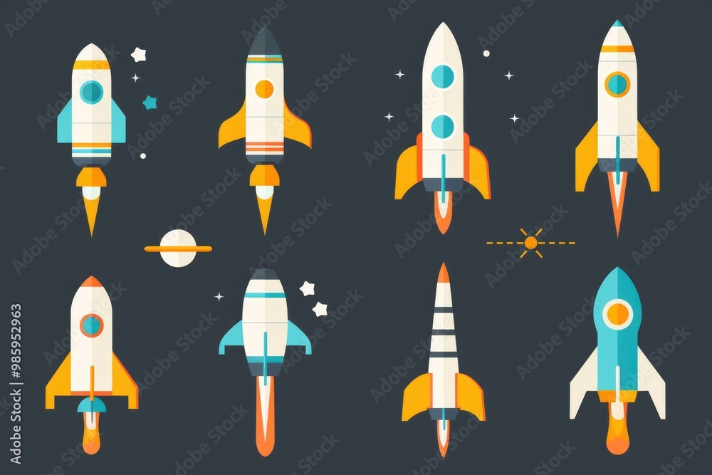 Poster a collection of colorful rockets soaring through the sky