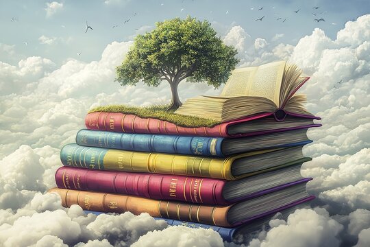 Open book in autumn leaves. Vintage style book illustration for design, print or background. Watercolor education, school design
