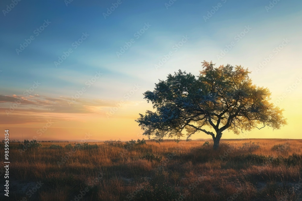 Poster a single tree stands alone in a field at sunset