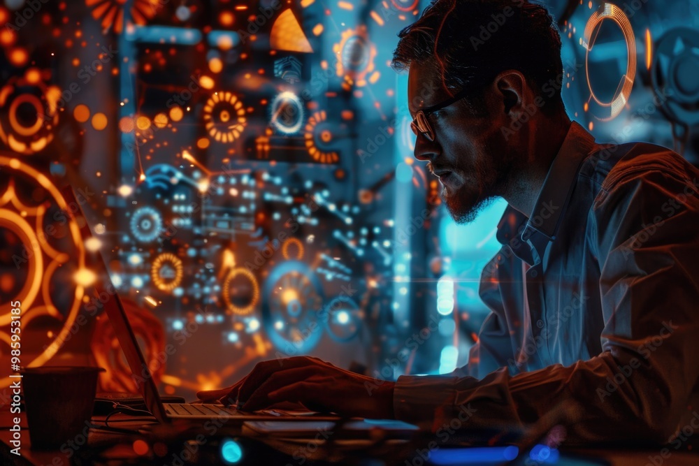 Poster A person sitting in front of a laptop with a focused expression, possibly working or studying