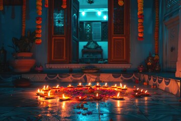 A collection of lit candles placed on a flat surface, often used as decoration or ambiance