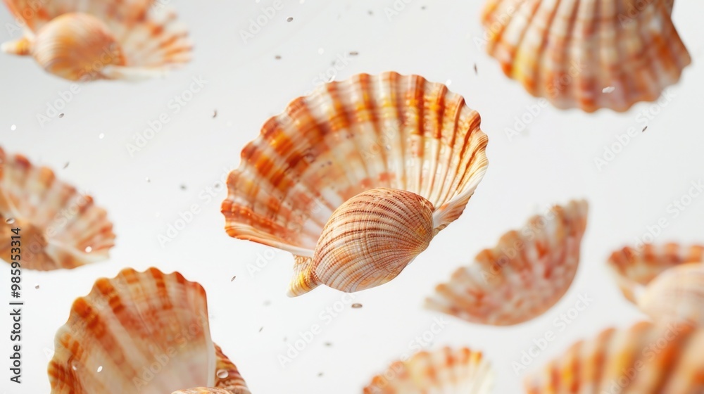 Poster group of sea shells floating on the surface of calm water, great for beach or ocean themed projects