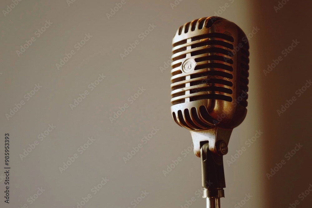 Poster A close-up view of a microphone on a stand, ideal for music and audio-related uses