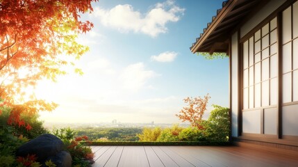 Obraz premium Japanese House Patio with Autumn Foliage