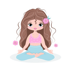 Cute cartoon girl in lotus pose. Yoga. Vector illustration isolated on white background. Poster, print. Sport, relax, stress, meditation
