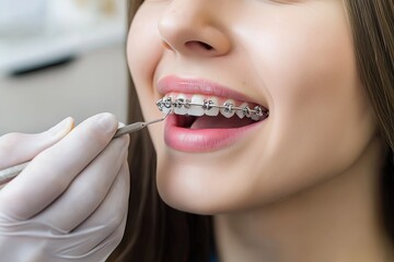 Naklejka premium Dentist examining teeth of young woman in dental clinic. Dentistry and health care concept.