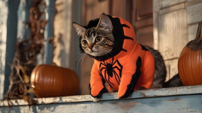 A spooky cat in a spider costume crawling and climbing up the porch of a haunted house on a dark ominous autumn night  The eerie supernatural scene evokes a sense of mystery and the paranormal