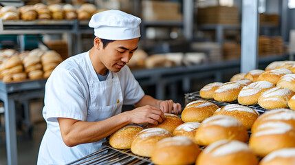An Asian man in a white uniform operates machinery on a bread factory's production line, ensuring the quality of baked goods. Food industry concept.