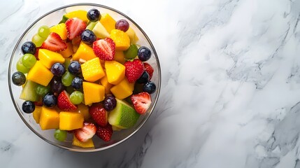 Vibrant fruit salad in a glass bowl on a white marble table, featuring colorful tropical fruits like mango, strawberry, and blueberry, highlighting fresh and refreshing dessert.
