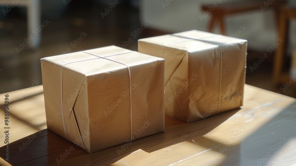 Poster A simple scene featuring two boxes placed on top of a wooden table, ready for use or storage