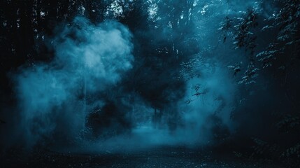 A dark forest filled with dense smoke, providing a mysterious atmosphere