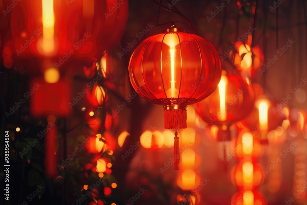 Poster Red lanterns suspended from a tree branch, creating a warm and cozy atmosphere