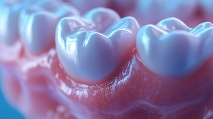 Dental macro photography illustrating teeth enamel texture and gum tissue, with red inflammation highlight, focusing on dental health in a hyper-realistic 3D render.