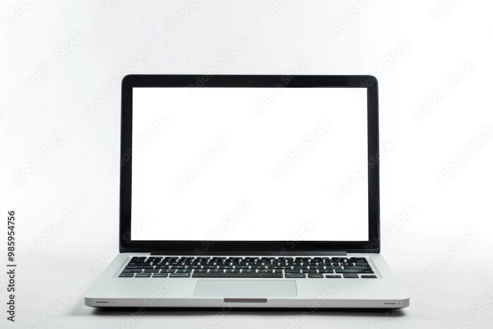 Poster A laptop computer sitting on a table with a white screen, ready for use