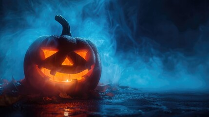A carved Halloween pumpkin sitting on a table, perfect for autumn decorations or spooky events