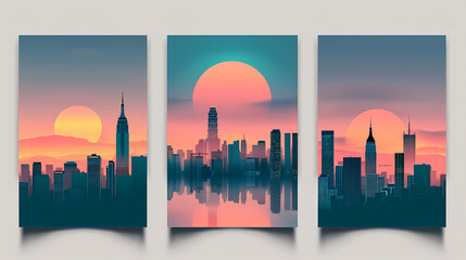 Fototapeta premium Three minimalist cityscape illustrations in a sunrise or sunset, with a large sun and a reflection of the buildings in the water below.