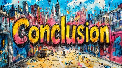 Vibrant cityscape with conclusion text in colorful graffiti art