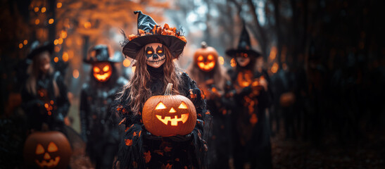 Halloween party, jack lantern, halloween decorations, happy family In costumes and makeup on a celebration of Halloween event background