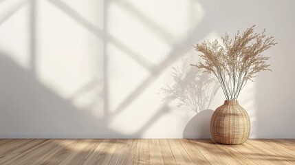 Drawer and vase on wood floor with white background.